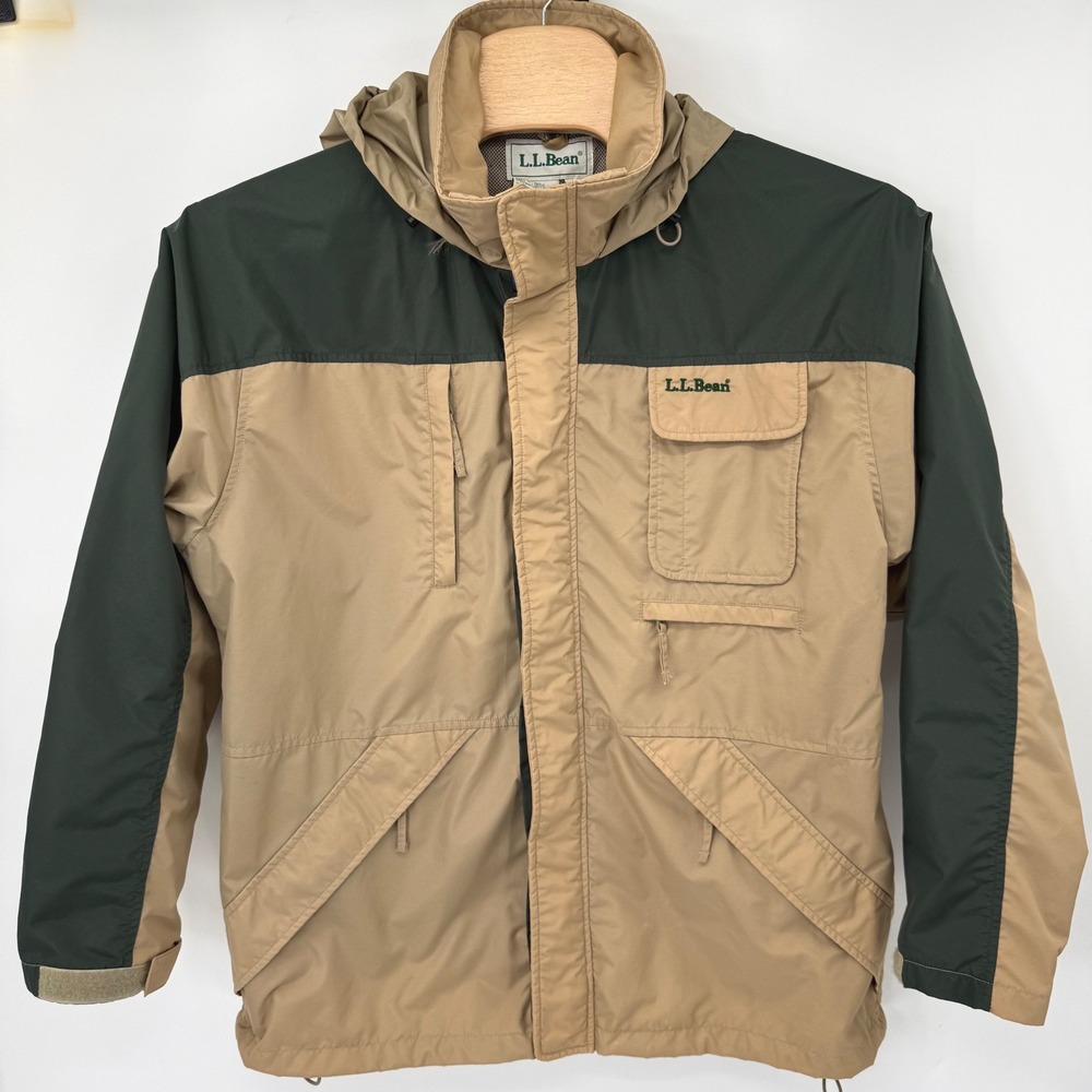 L.L. Bean‎ Windbreaker Jacket Mens XL Tan Green Colorblock Hooded Vintage FG37